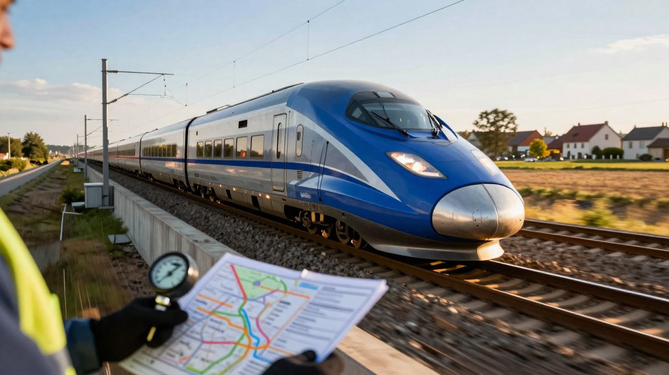 Trem de alta velocidade azul em movimento em trilhos, com trabalhador segurando mapa e medidor em primeiro plano.
