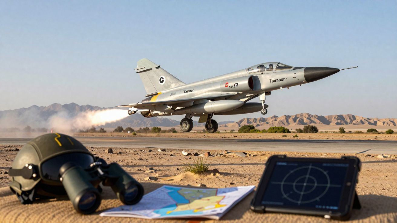 Caça militar decolando em pista de deserto, com mapa, binóculo e radar ao fundo.