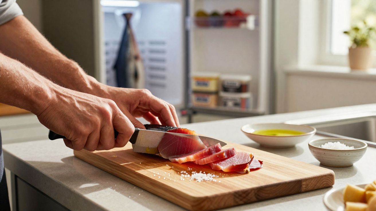 Pessoa cortando fatias de peixe cru sobre tábua na cozinha com sal e azeite próximos.