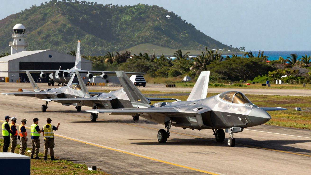 Dois caças militares taxisxtando na pista com equipe de solo ao lado em base aérea perto do mar e morros.