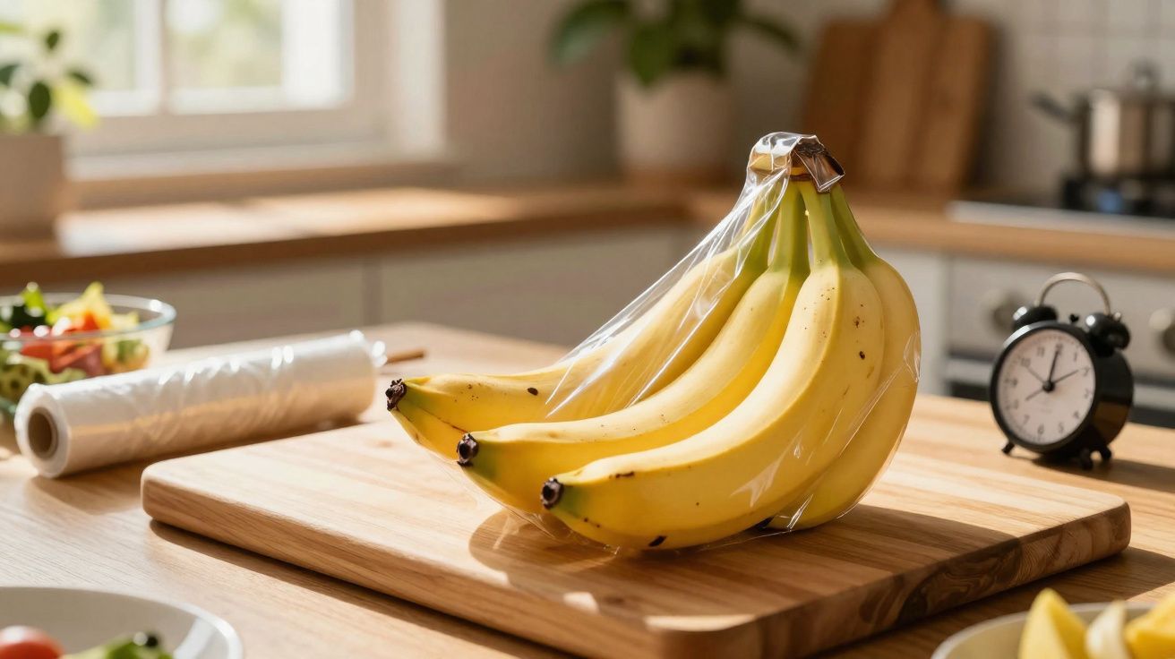 Cacho de bananas envolto em plástico filme sobre tábua de madeira em cozinha iluminada.