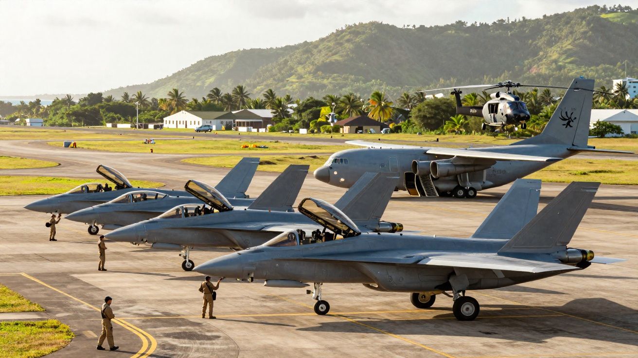 Três jatos de combate alinhados em pista, soldados em volta, avião cargueiro e helicóptero ao fundo em base aérea.