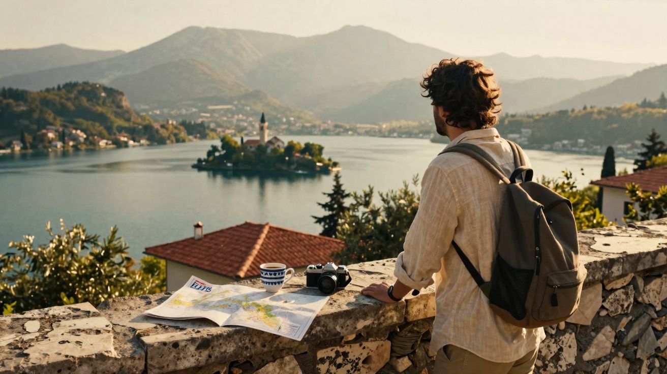 Homem com mochila observa ilha com igreja em lago cercado por montanhas ao entardecer.