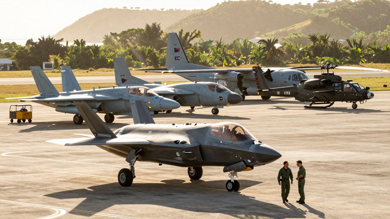 Quatro aviões militares estacionados em pista com dois pilotos conversando em primeiro plano ao entardecer.