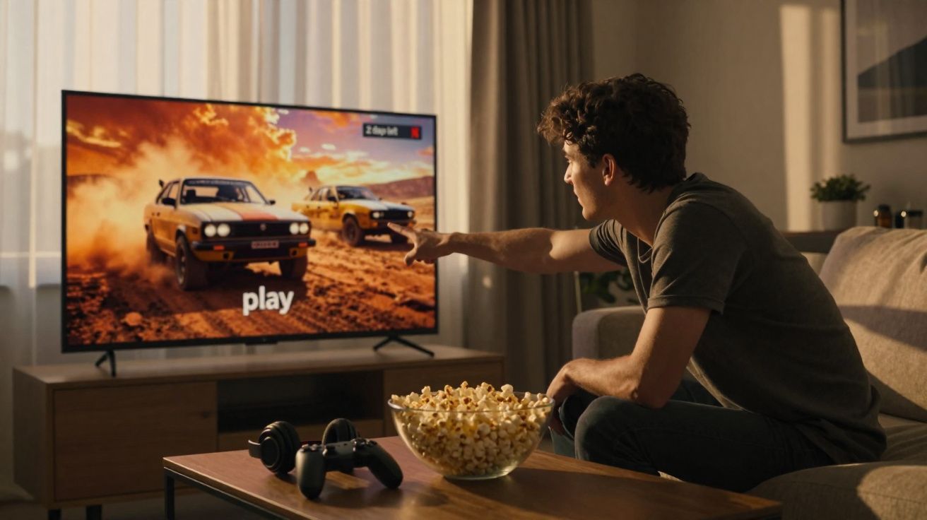 Homem sentado no sofá, apontando para jogo de corrida em TV, com pipoca e controle na mesa.