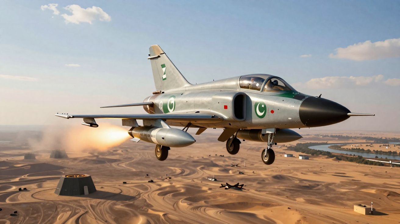 Caça militar com símbolos do Paquistão voando sobre deserto com disparo de foguete ao fundo.