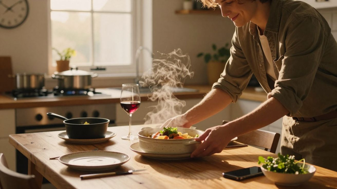 Pessoa servindo comida quente em prato na cozinha com taça de vinho e smartphone sobre a mesa.