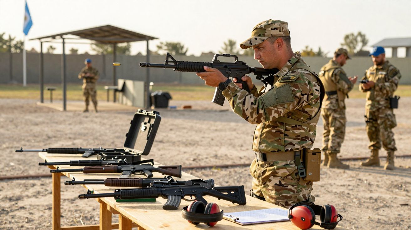 Soldado em uniforme camuflado mira fuzil em estande de tiro ao ar livre com armas sobre mesa.