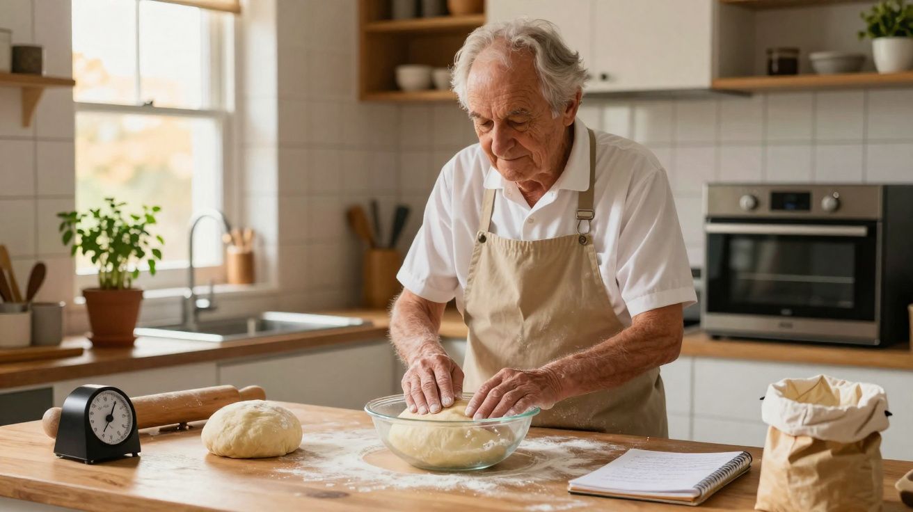 Idoso preparando massa em uma tigela de vidro na cozinha, com avental e utensílios ao redor.