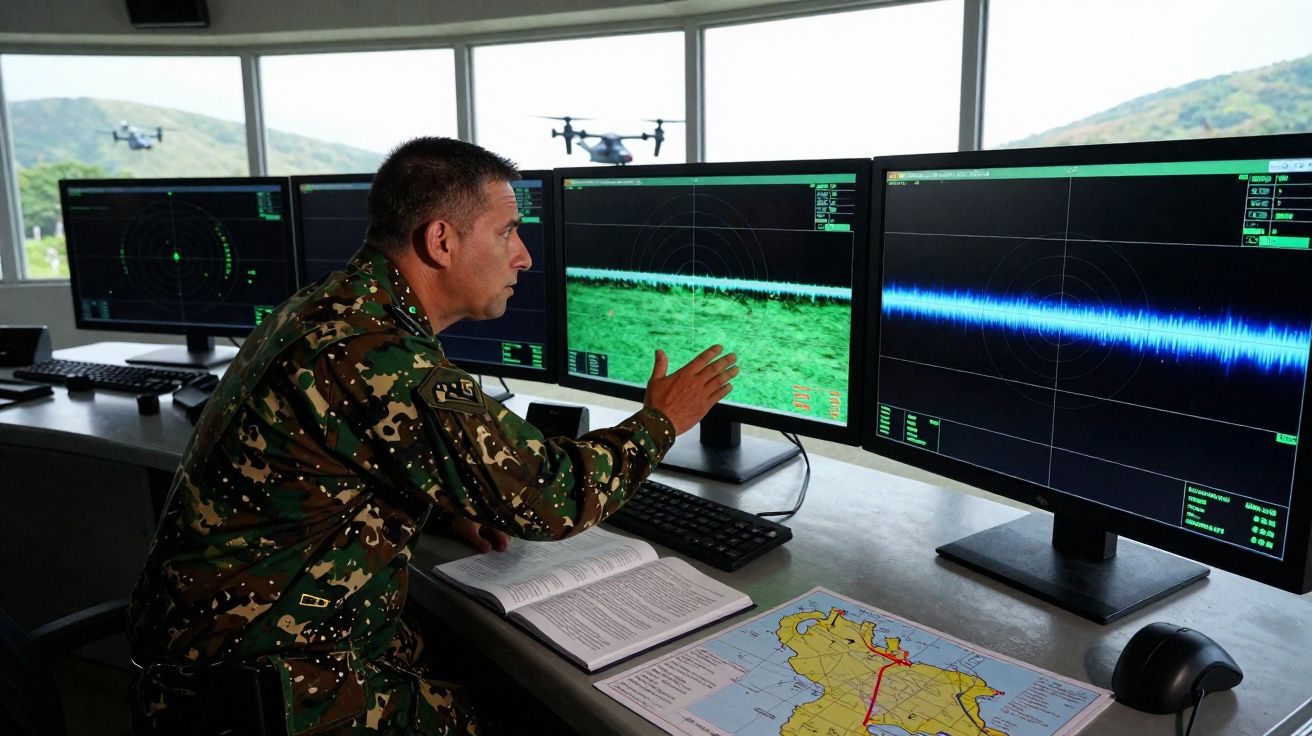 Militar em uniforme camuflado monitora imagens e dados em três telas em sala com mapa e janelas para área externa.