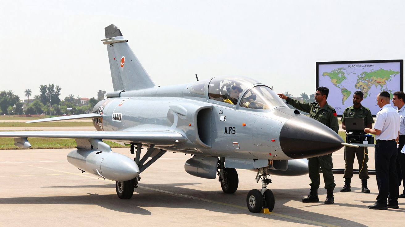 Caça militar cinza estacionado na pista com quatro homens próximos, sendo dois em uniforme verde e dois em roupas civis.