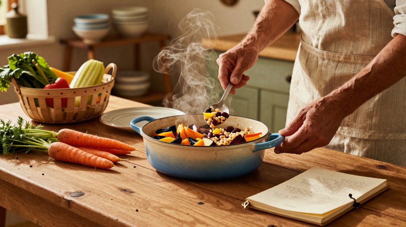 Pessoa mexendo sopa quente com legumes em panela, bancada de madeira com caderno aberto e vegetais frescos.