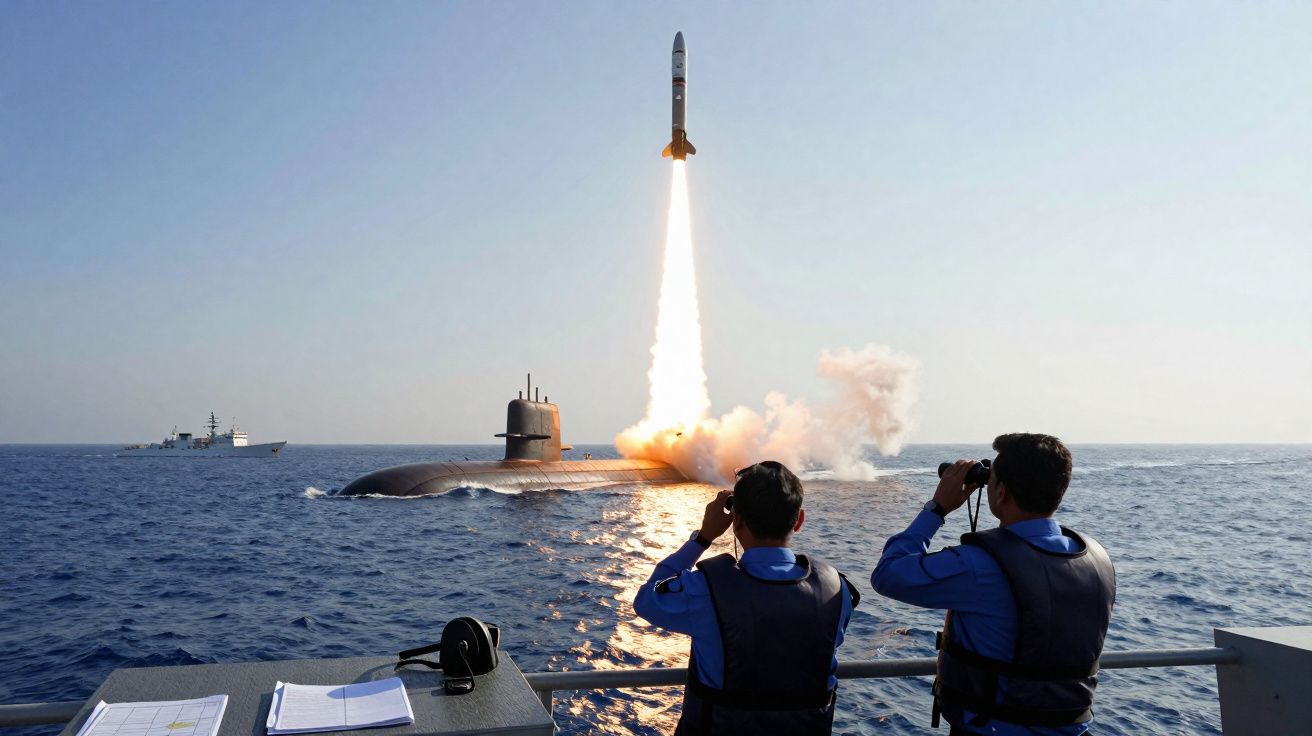 Foguete sendo lançado da água próximo a submarino, com duas pessoas observando com binóculos no convés de navio.