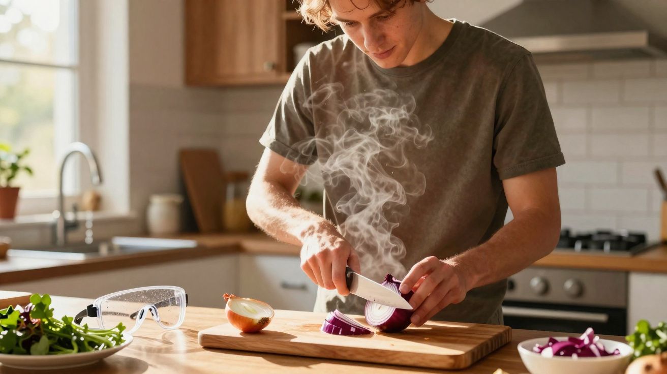 Jovem cortando cebola roxa em uma tábua na cozinha, com vapor visível no ar.