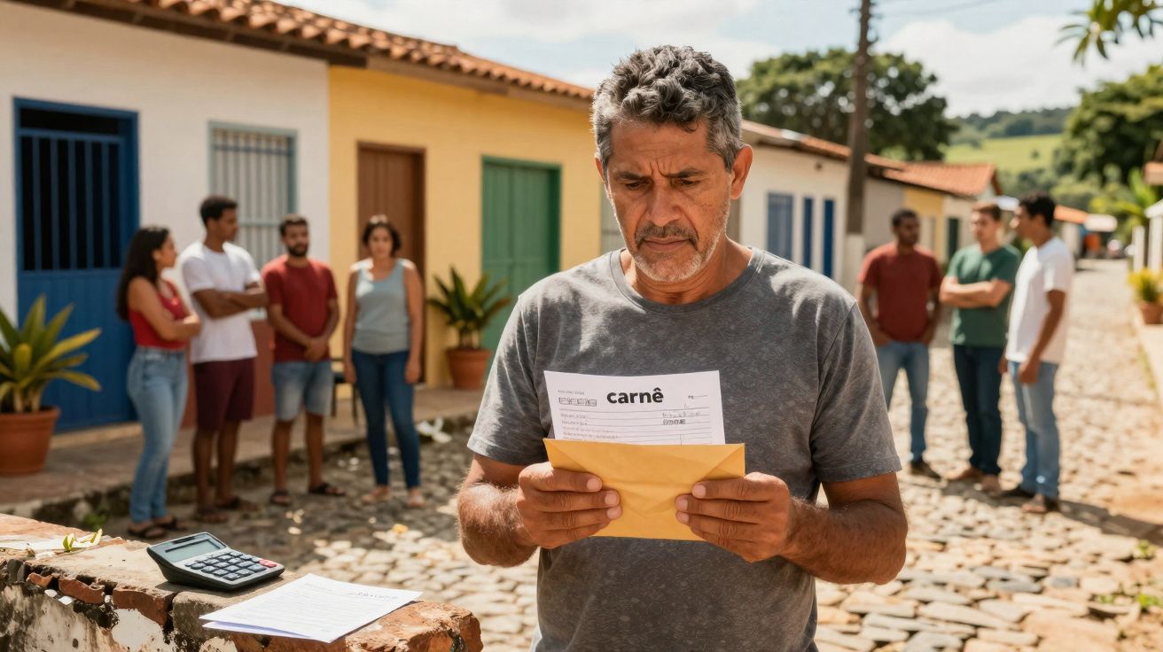 Homem observando documento de cobrança na rua de paralelepípedo com grupo de pessoas ao fundo.