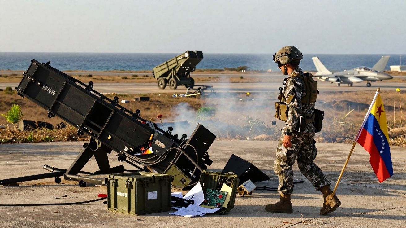 Soldado em uniforme camuflado próximo a sistema de artilharia com bandeira da Venezuela ao lado.