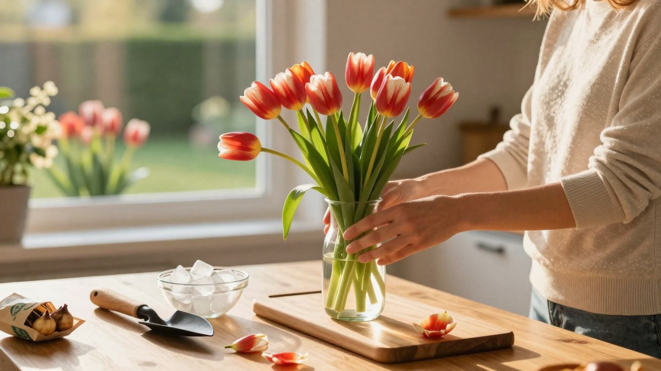 Pessoa arrumando tulipas vermelhas em vaso de vidro sobre mesa de madeira em ambiente iluminado pela janela.