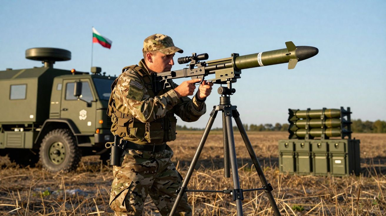 Soldado em uniforme camuflado mira foguete em lançador tripé em campo aberto com caminhão militar ao fundo.