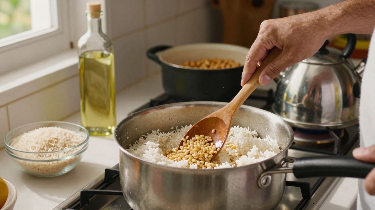 Pessoa mexendo arroz e lentilha em panela no fogão em cozinha com óleo e ingredientes ao fundo.