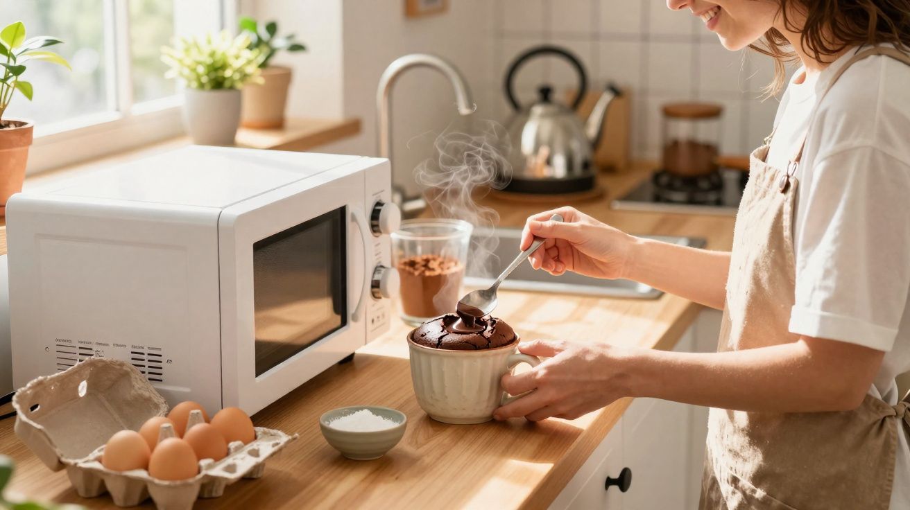 Pessoa mexendo em bolo de caneca quente ao lado de micro-ondas, ovos e ingredientes na bancada da cozinha.