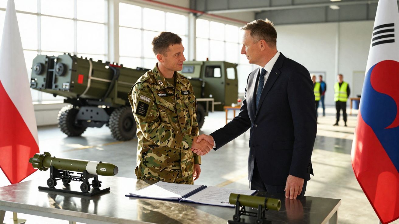 Militar e civil apertam as mãos em mesa com documentos, bandeiras da Polônia e Coreia do Sul ao fundo.