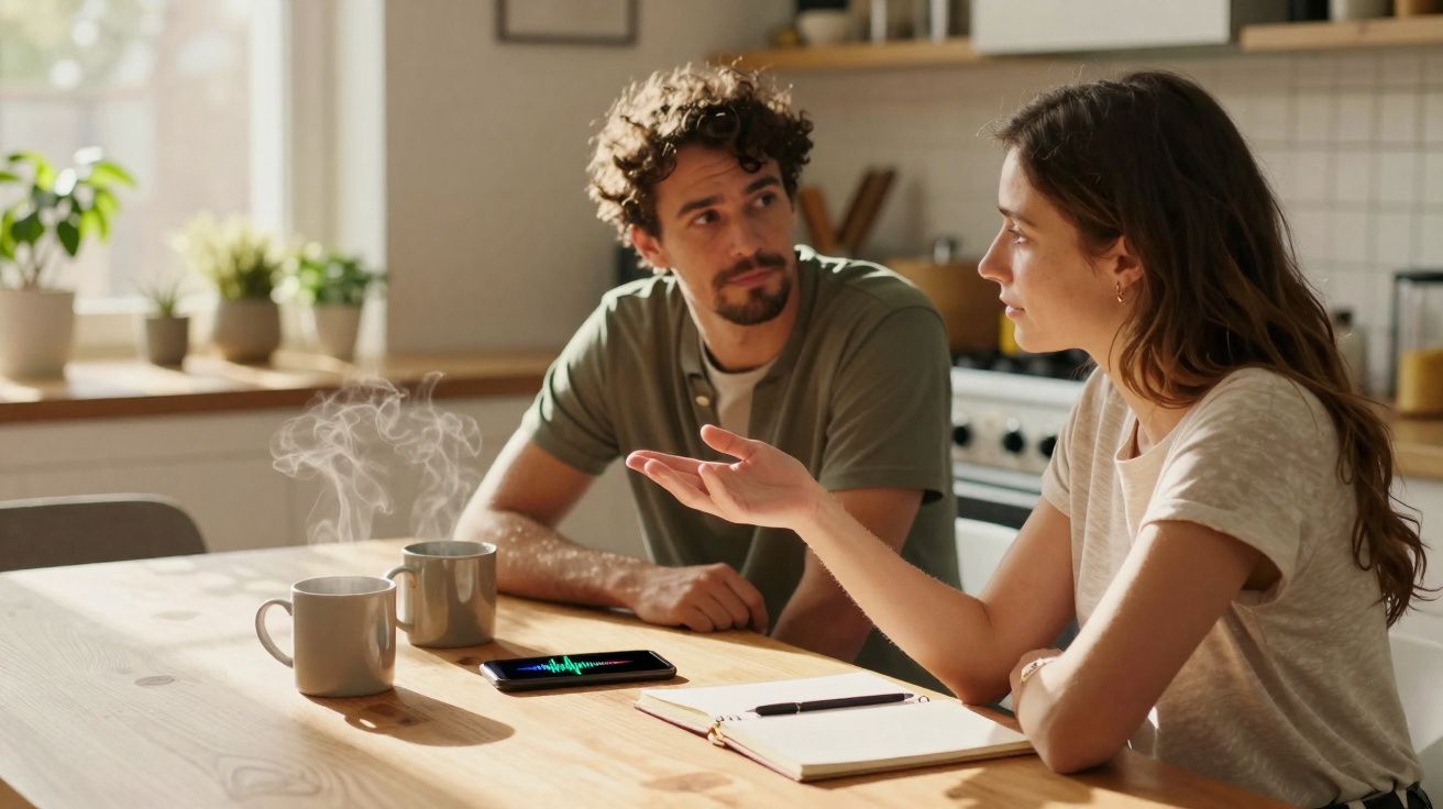 Casal conversando na cozinha com duas xícaras de café fumegante e caderno sobre a mesa.
