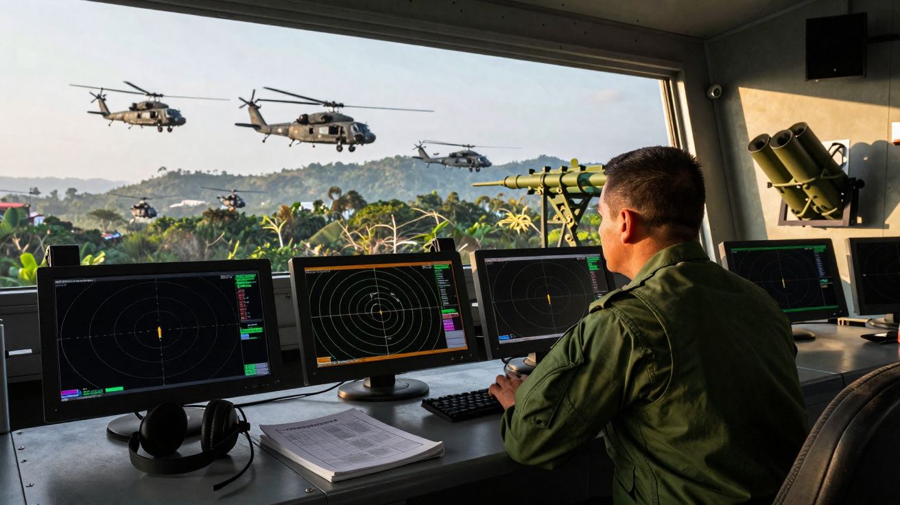 Militar monitora helicópteros em voo por meio de telas de radar em sala de comando com vista para floresta.