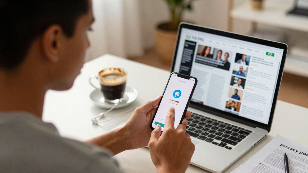 Pessoa usando aplicativo de compartilhamento em smartphone com laptop aberto e café à mesa.