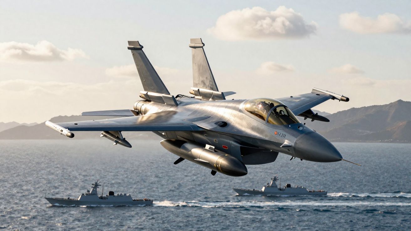 Caça aéreo voando baixo sobre o mar com dois navios de guerra ao fundo durante o dia.