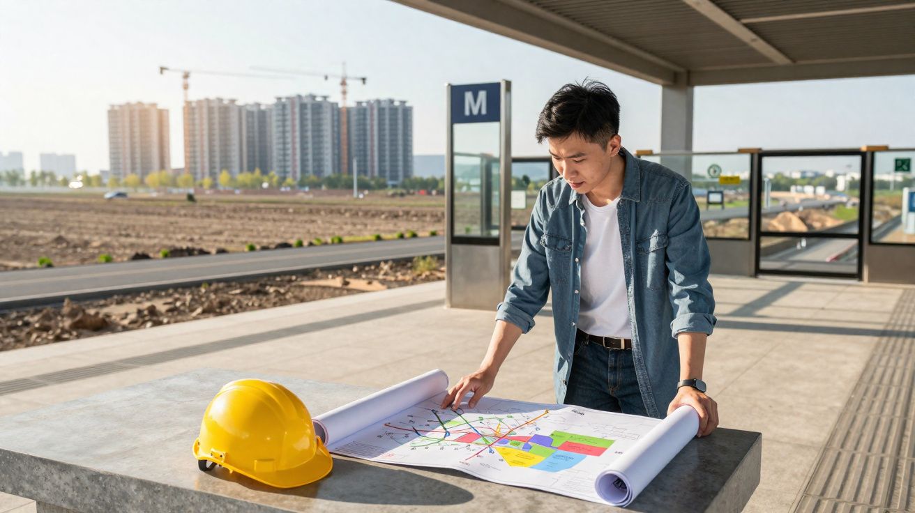Homem analisa planta baixa de construção, com capacete amarelo em mesa ao ar livre em área urbana.