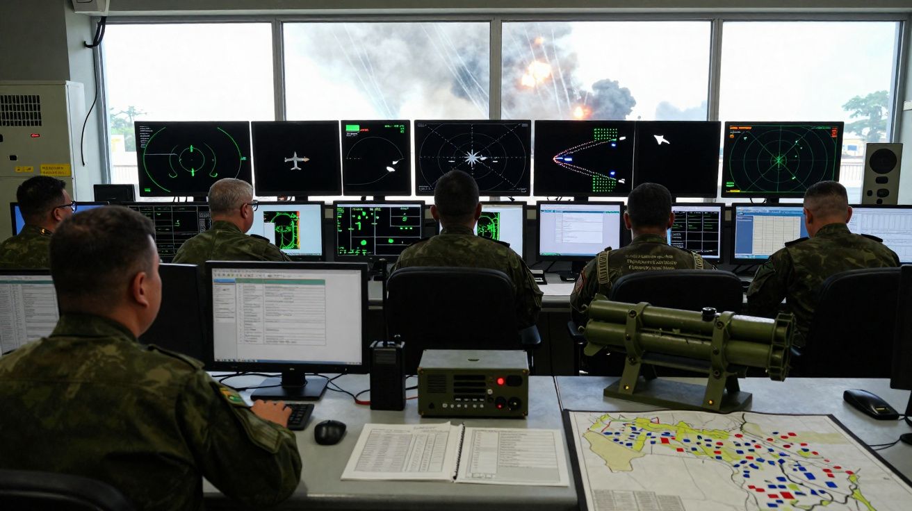 Militares em centro de comando monitoram telas com radares enquanto explosões ocorrem ao fundo pela janela.