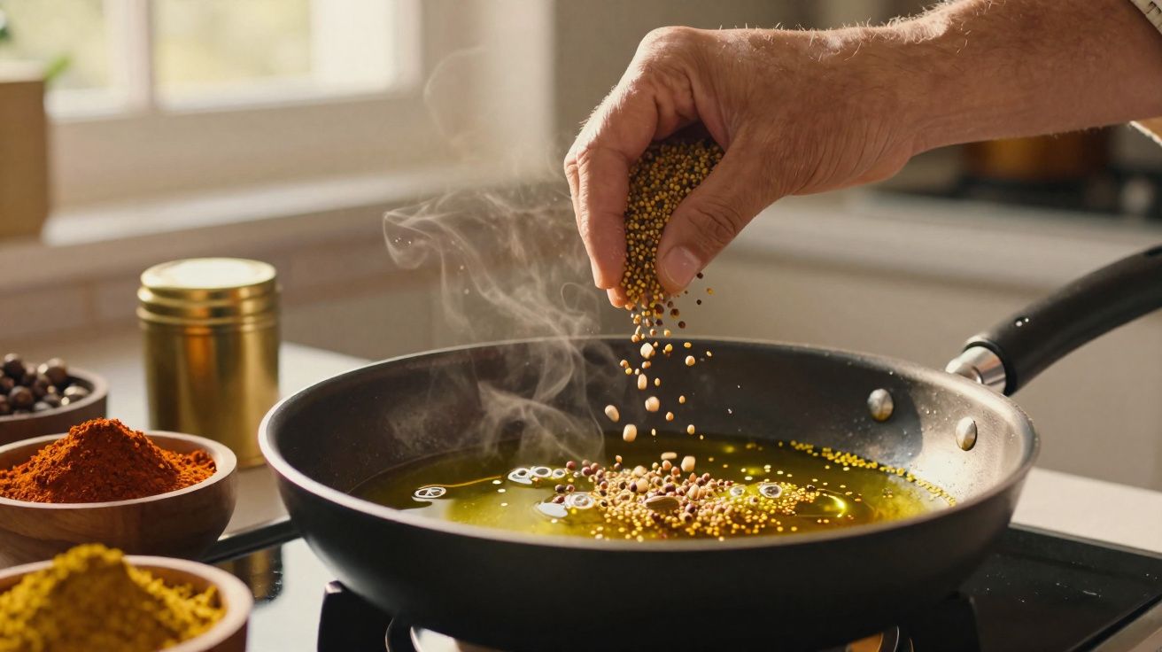 Mão adiciona sementes em óleo quente numa frigideira com especiarias em recipientes na bancada da cozinha.