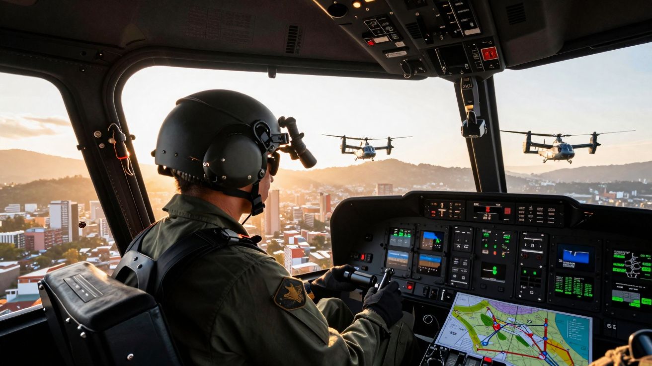 Piloto militar com capacete controla helicóptero com dois helicópteros voando sobre cidade ao pôr do sol.
