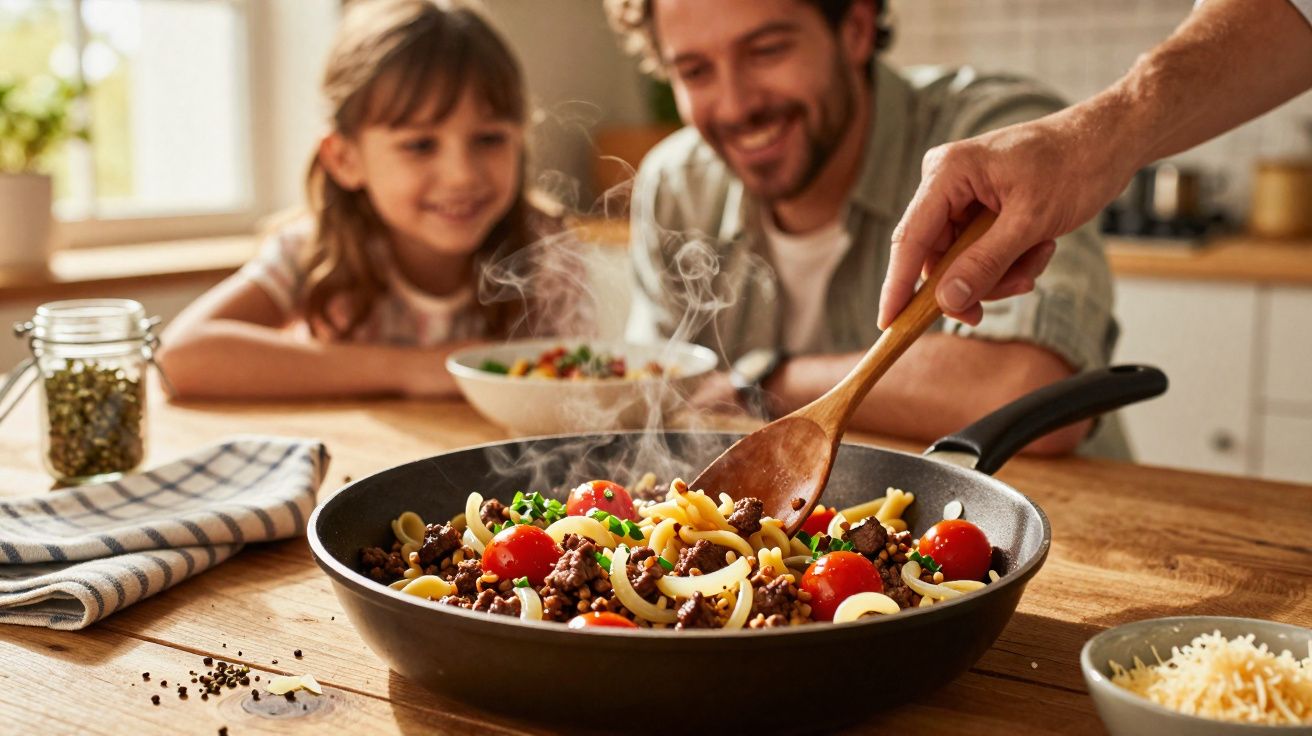 Família alegre preparando uma refeição com macarrão, tomate, carne e ervas em frigideira na cozinha.