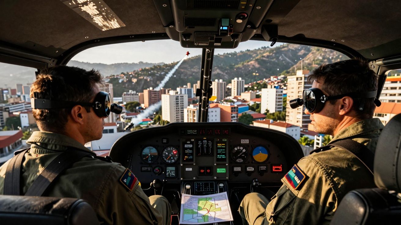 Dois pilotos com óculos especiais em helicóptero, cidade e montanhas ao fundo, com foguete voando no céu.