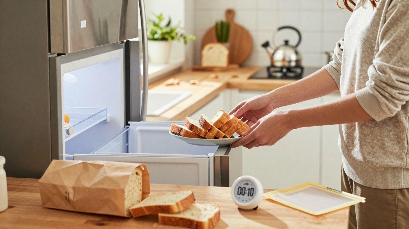 Pessoa guardando fatias de pão em prato na geladeira em cozinha moderna.