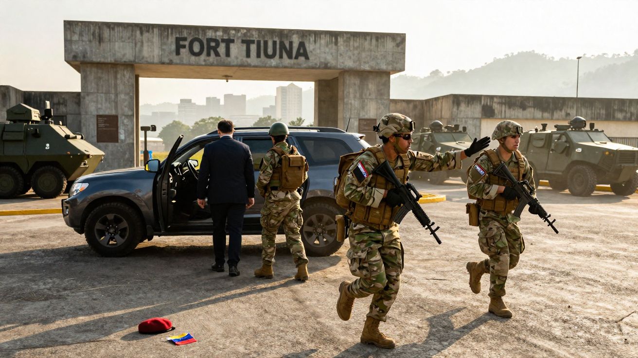 Soldados armados e homem de terno próximo a veículos militares na entrada do Fort Tiuna.