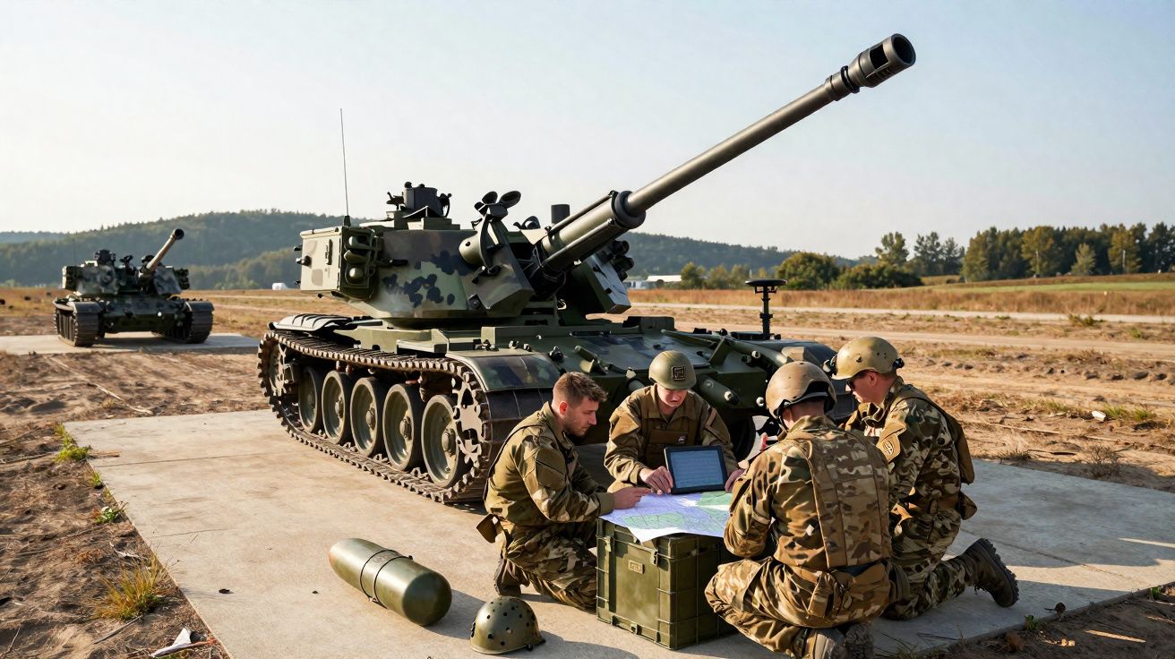 Soldados em uniforme militar reunidos ao redor de veículo blindado com armamento pesado em área aberta.