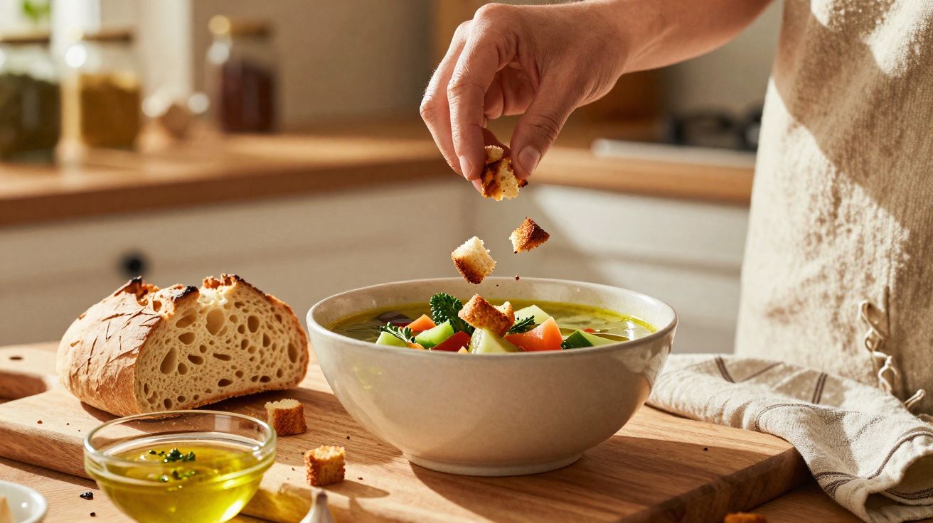 Pessoa salpicando croutons em sopa de legumes com pão e azeite à mesa em cozinha iluminada.