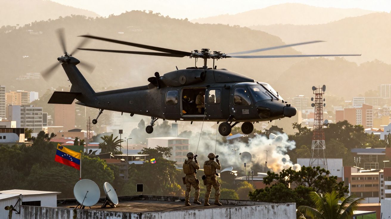 Helicóptero militar pairando próximo a dois soldados em prédio com bandeira da Venezuela ao fundo.