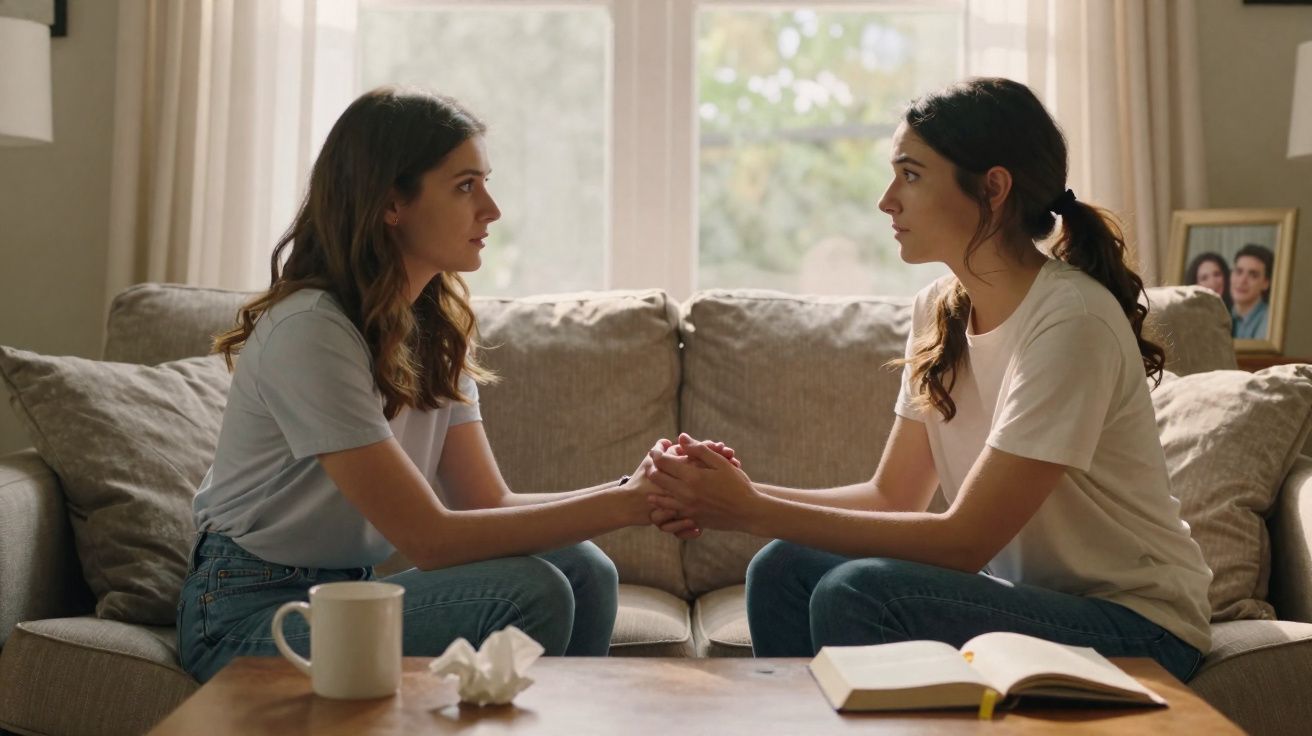 Duas mulheres sentadas no sofá, de mãos dadas, em conversa séria com livro aberto e xícara sobre a mesa.