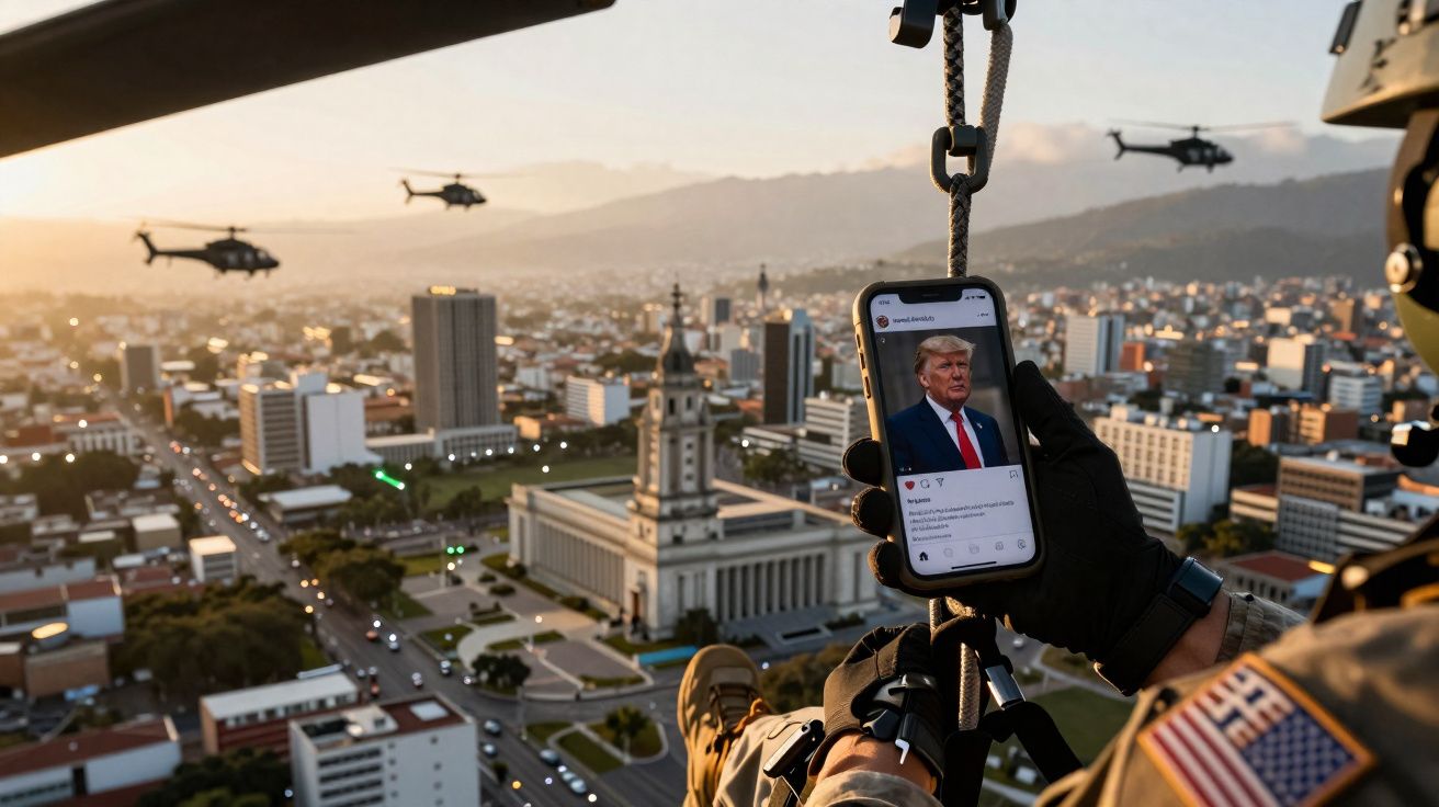 Pessoa em helicóptero segurando celular com foto de Donald Trump, com três helicópteros voando sobre cidade ao fundo.
