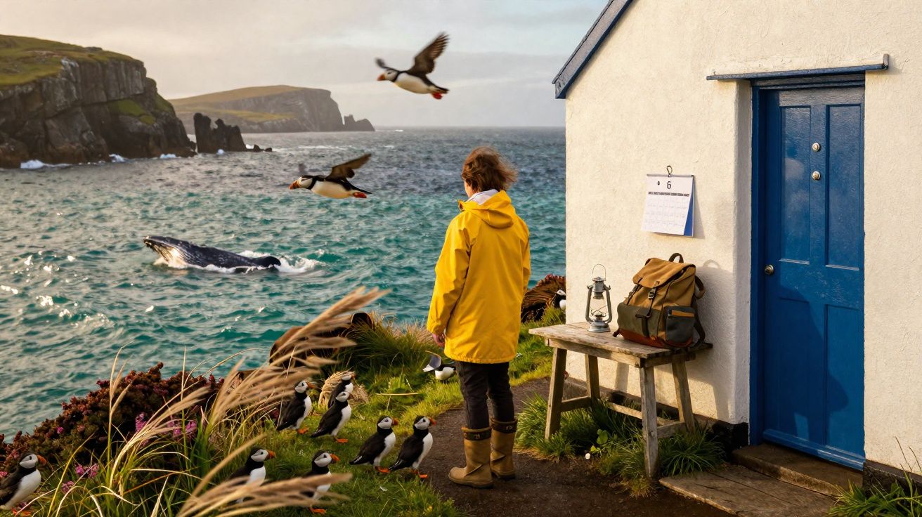 Pessoa de casaco amarelo observa baleia e papagaios-do-mar em penhasco perto de casa branca com porta azul.