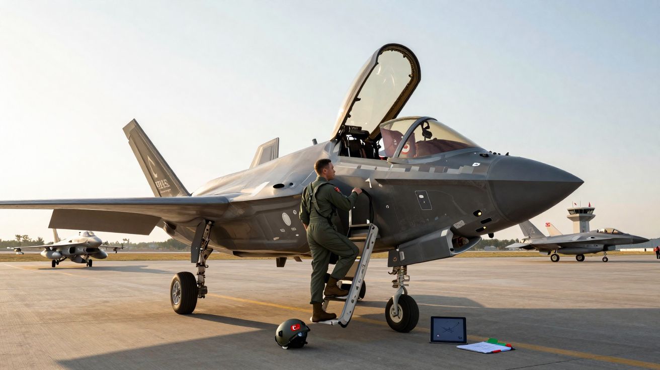 Piloto sobe escada para entrar em caça militar estacionado em pista de aeroporto ao entardecer.
