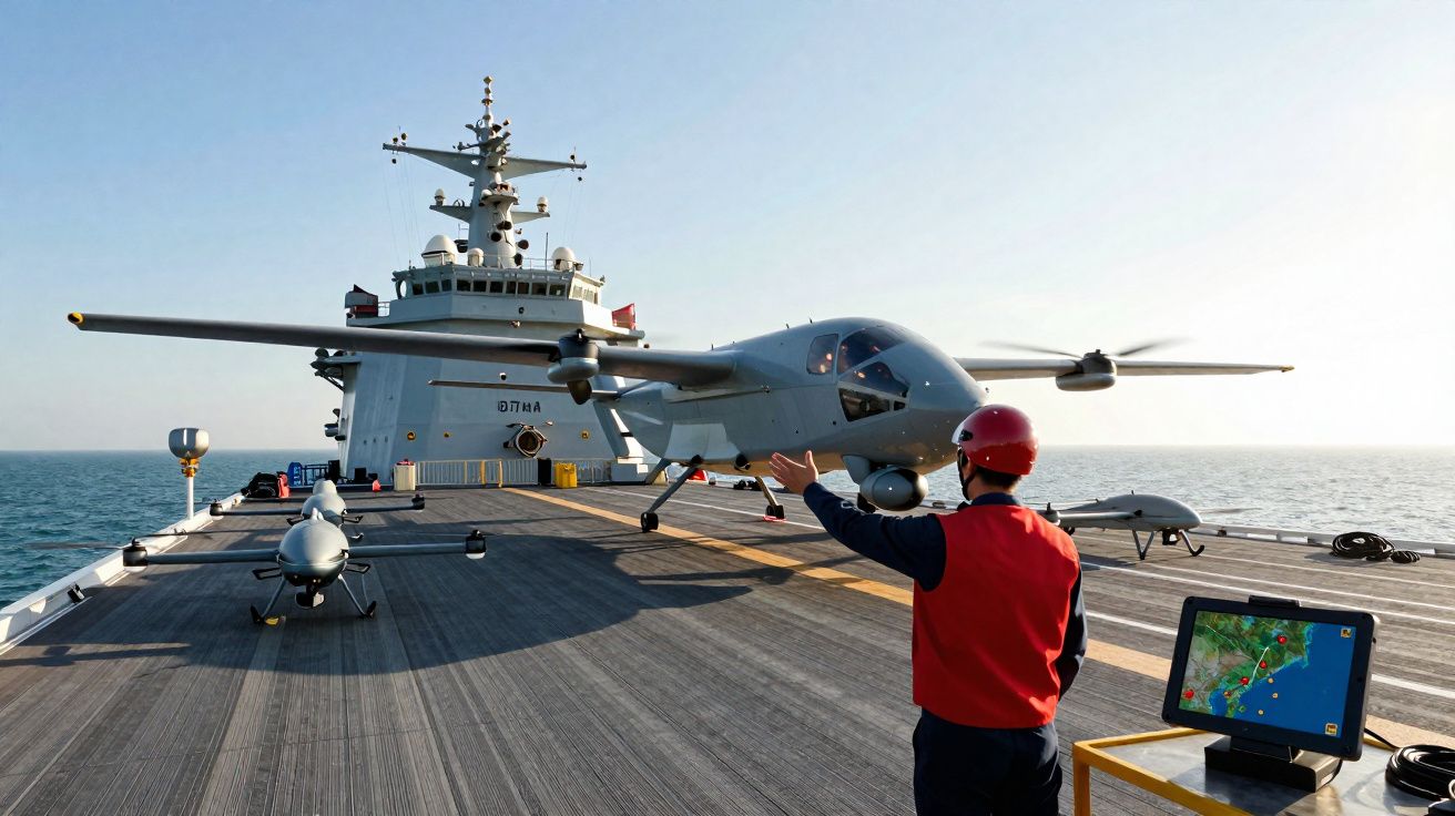 Homem com capacete vermelho guia drone em decolagem da plataforma de porta-aviões no mar.