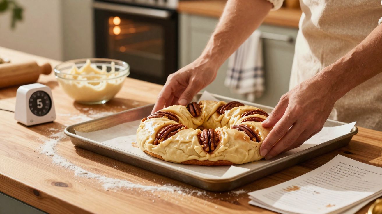 Pessoa colocando massa de pão com nozes em forma de coroa em forma retangular na cozinha.