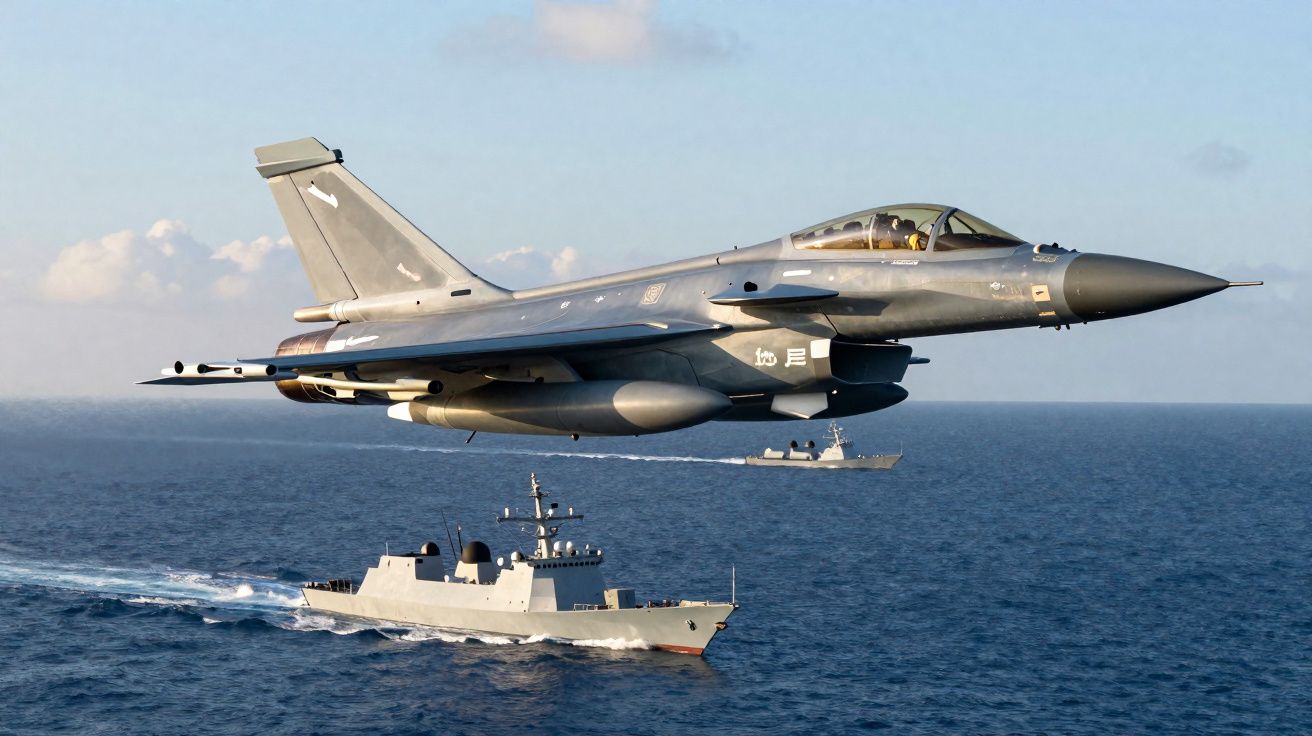 Caça militar voando baixo sobre dois navios de guerra no mar em dia ensolarado.