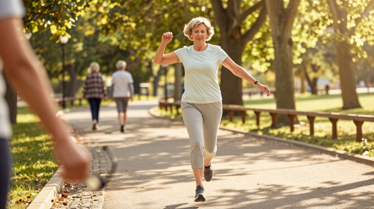 Mulher madura correndo em parque ensolarado, com outras pessoas caminhando ao fundo.