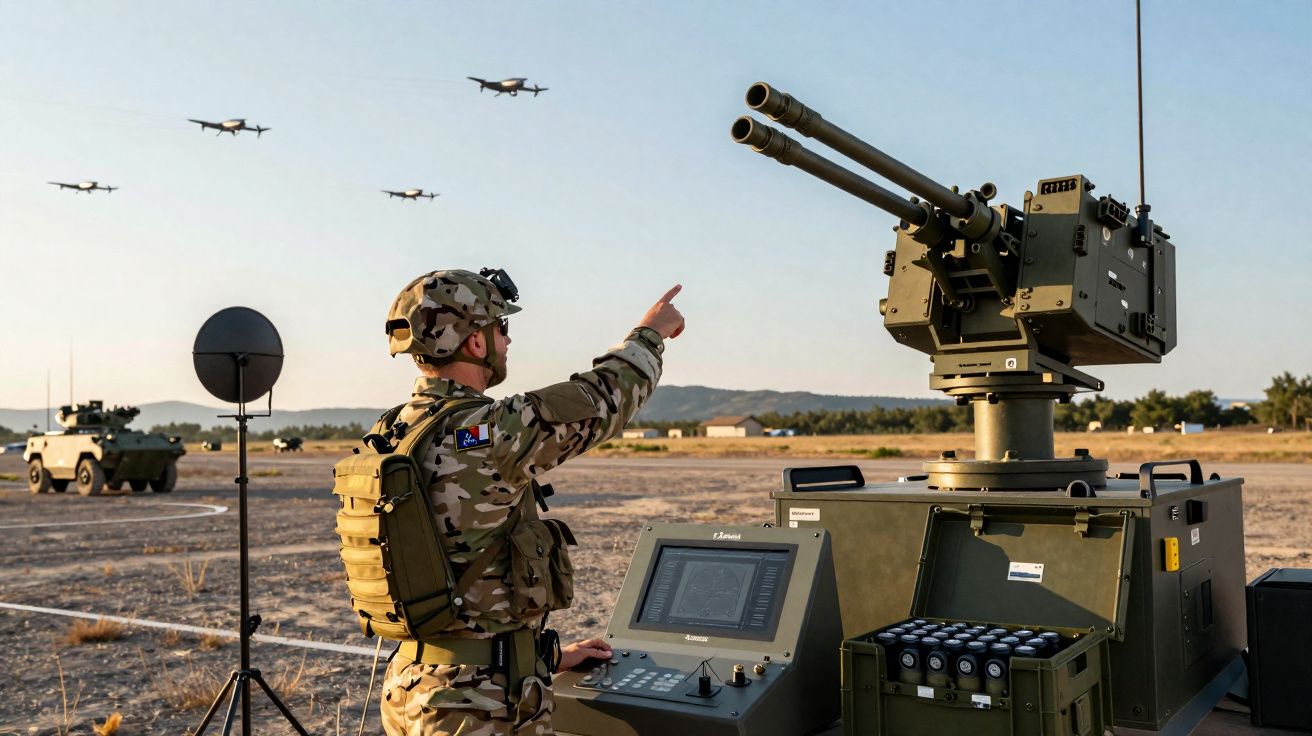 Soldado em uniforme camuflado operando equipamento militar com torres de canhões e drones no céu.