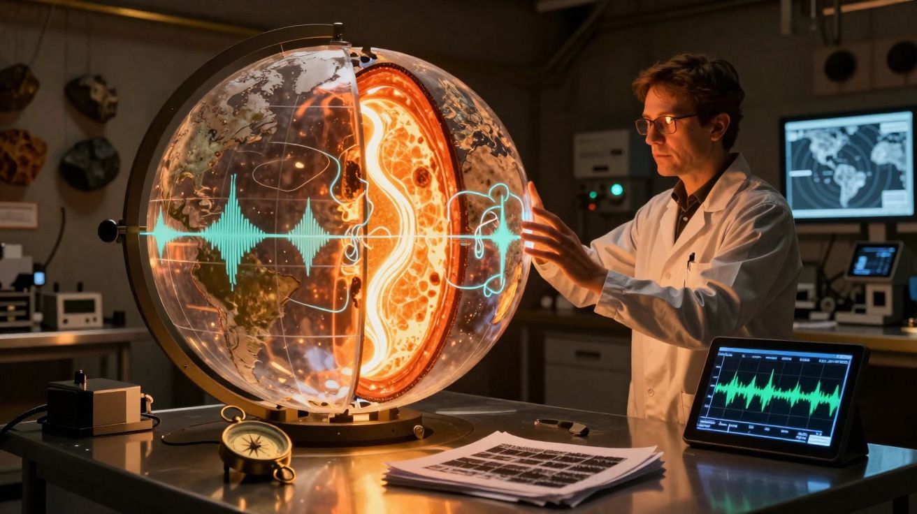 Cientista interagindo com globo terrestre transparente mostrando o núcleo e ondas sísmicas em laboratório.